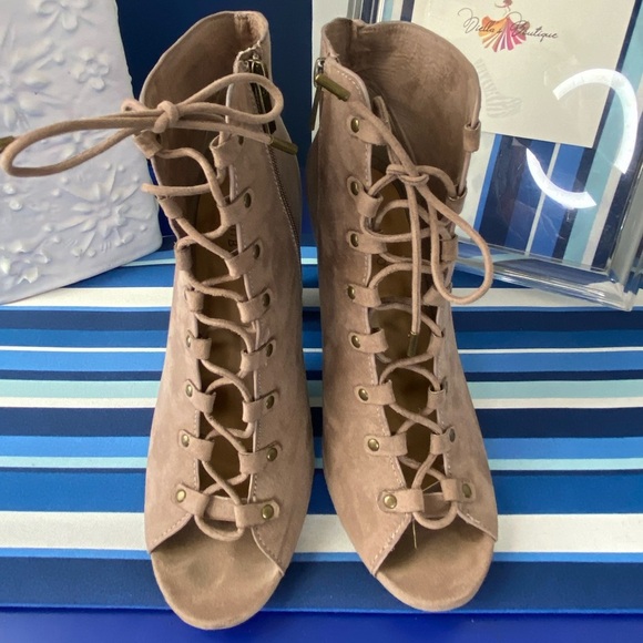 Light brown/beige suede like lace up open toe chunky high heel ankle booties - Picture 9 of 15